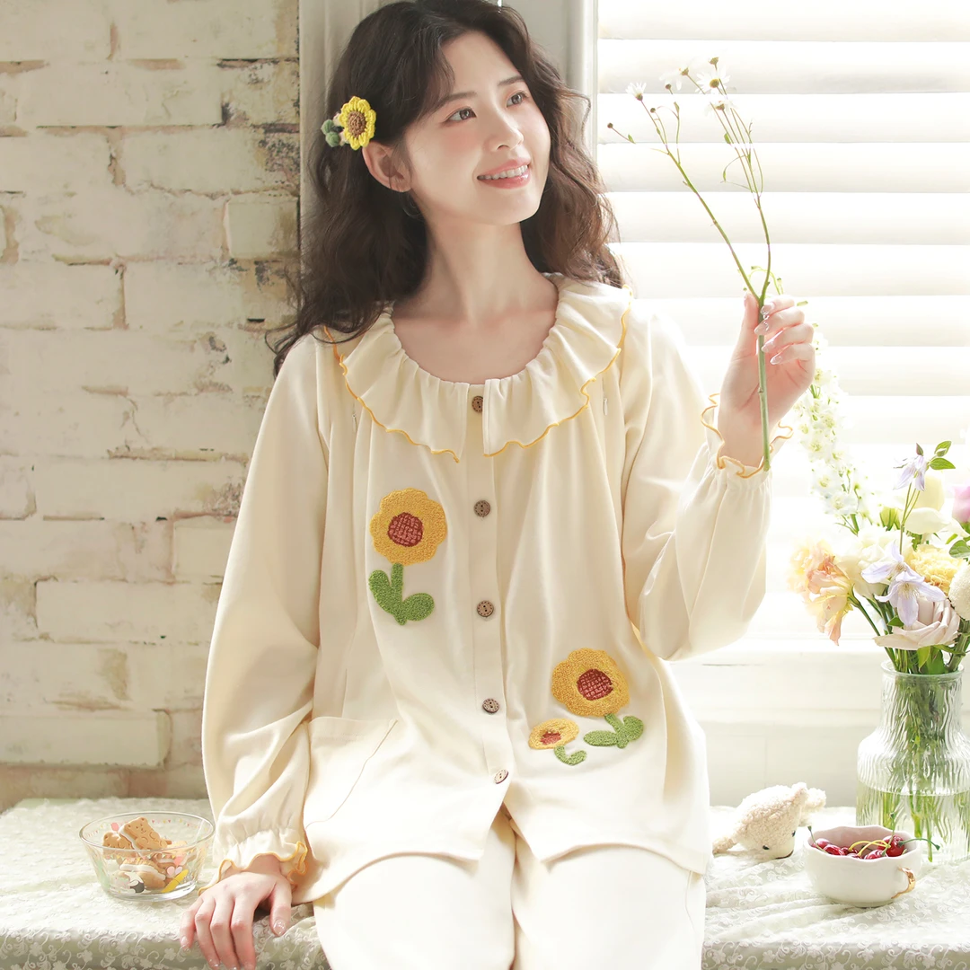 『向日葵』富朵纯棉针织月子服带胸垫春秋孕妇睡衣产后喂奶哺乳套装