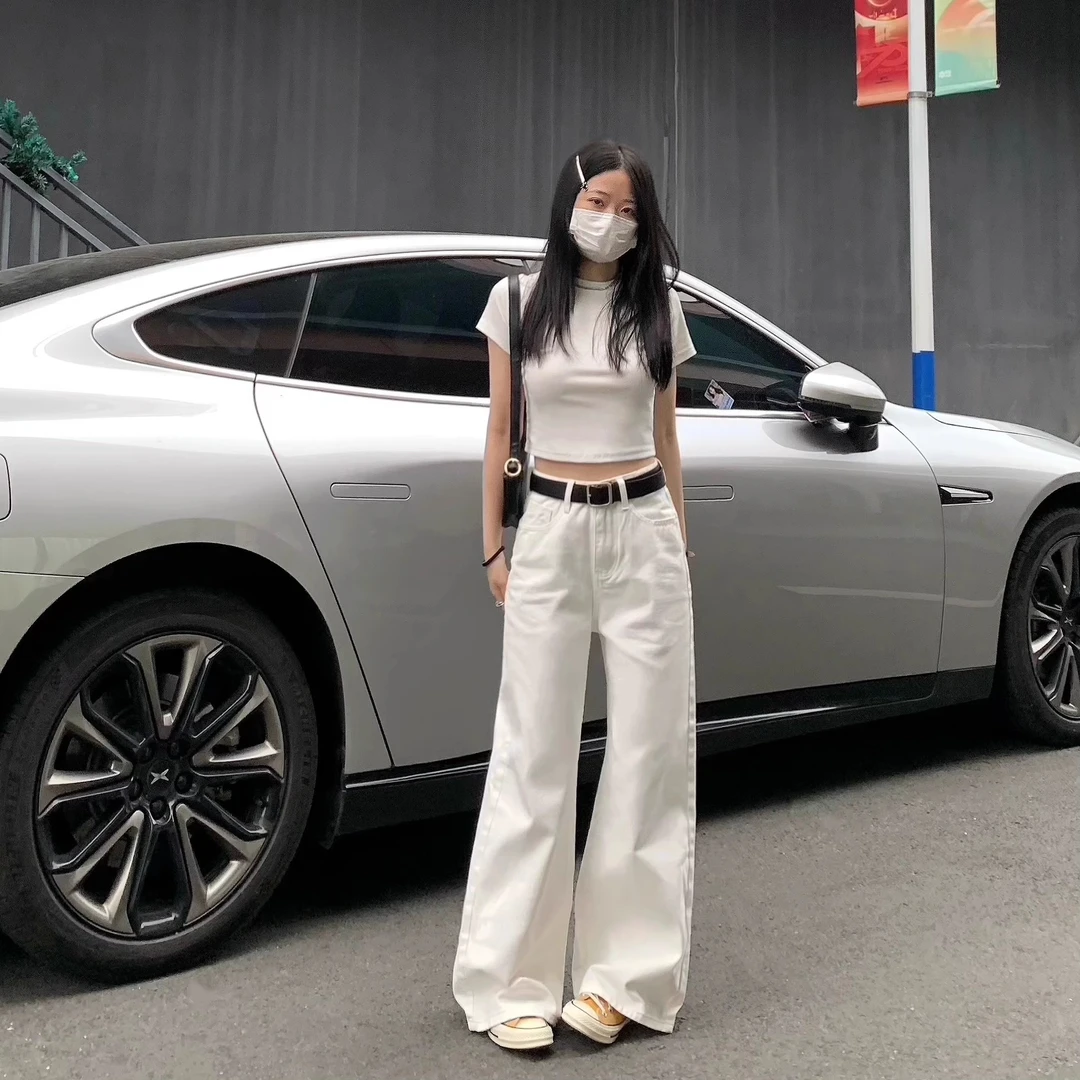 白色阔腿牛仔裤2025年夏天薄款裤子直筒新款高腰宽松显瘦拖地裤