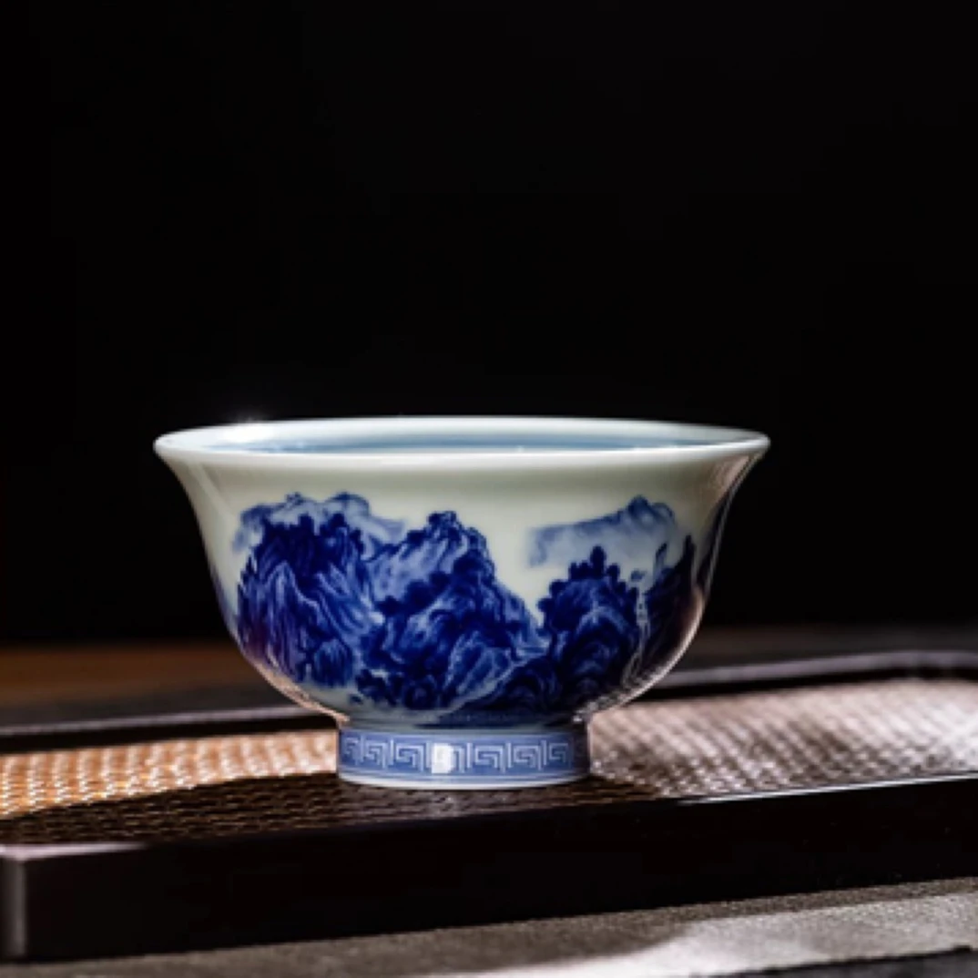 景德镇青花千里江山压手杯陶瓷手工仿古单杯专用主人杯高档品茶杯
