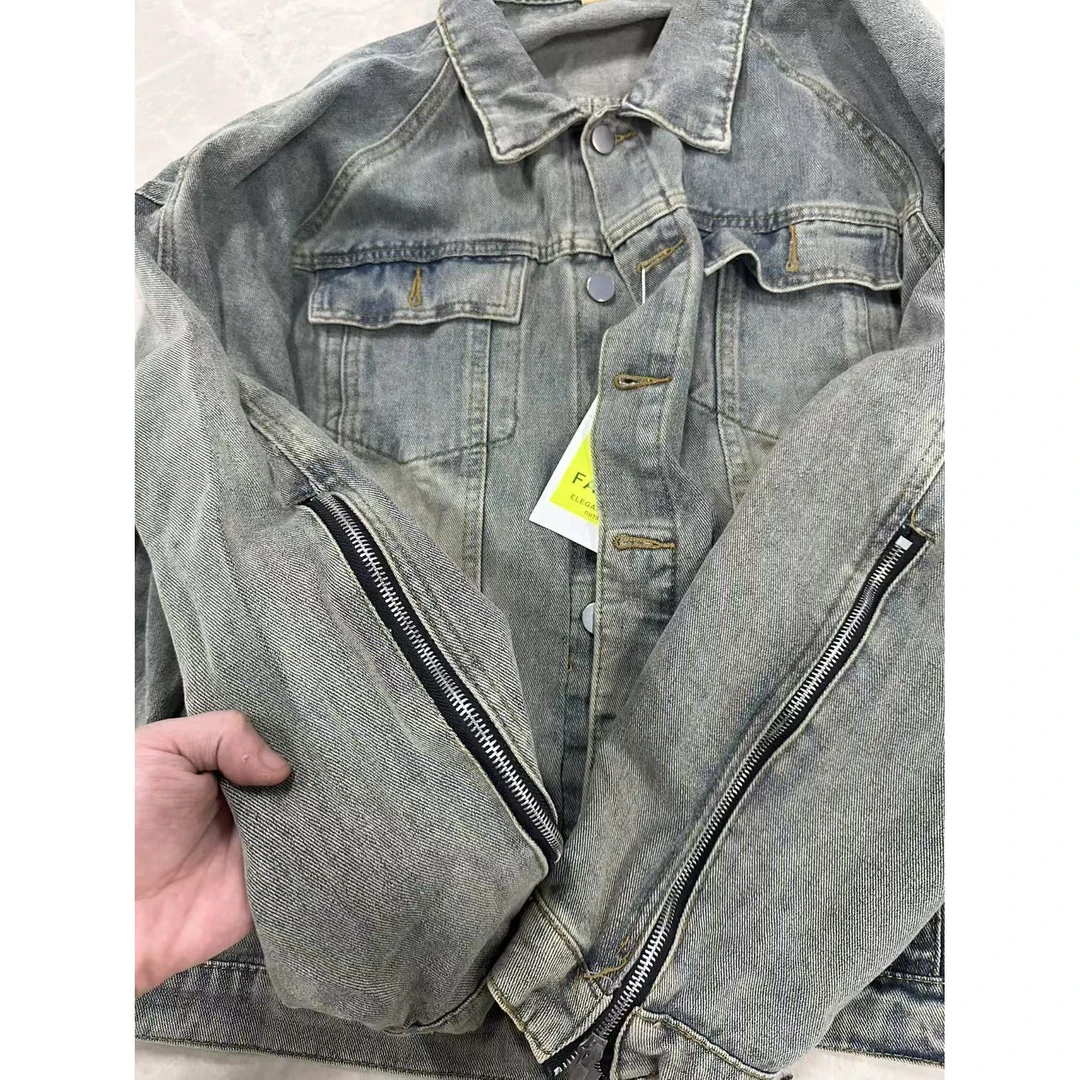 基础简约纯色水洗做旧单排扣休闲牛仔外套--男女同款