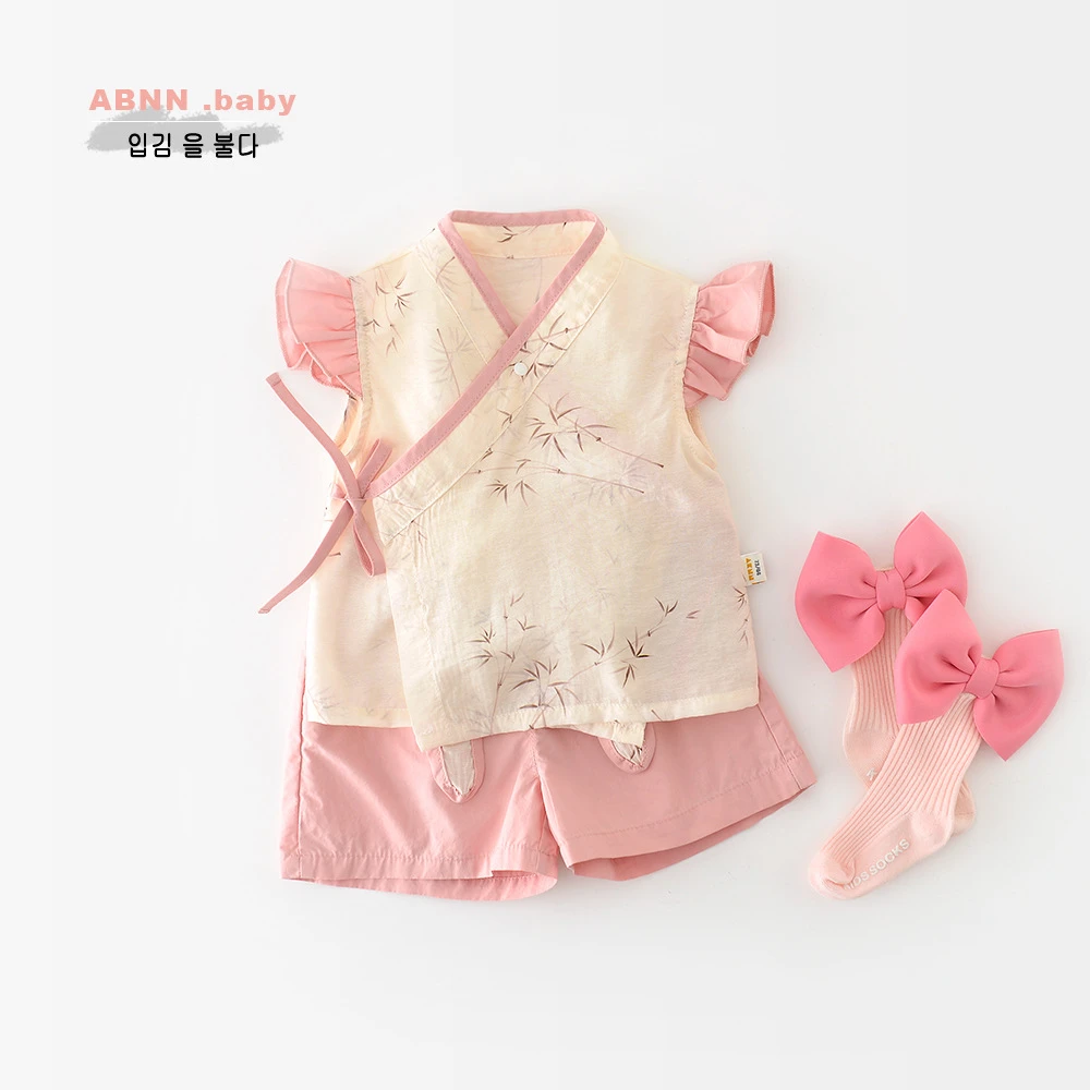 abnn夏季女童中国风满印竹子套装飞袖蝴蝶衣飘带短裤两件套