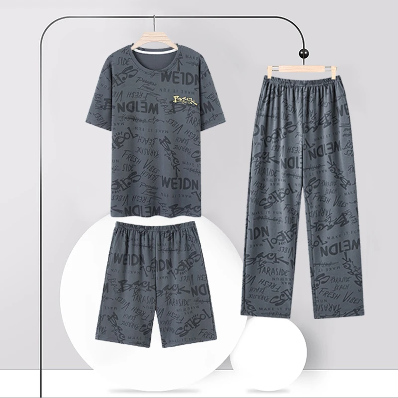 浪漫春天纯棉男士睡衣三件套2025新款夏季短袖全棉高级家居服套装