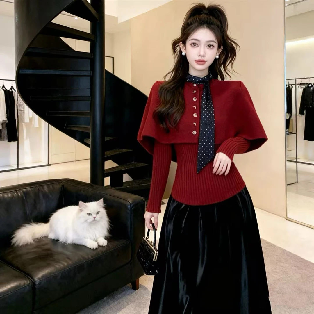 氛围设计感小香风斗篷披肩开衫毛衣女秋冬长袖针织衫两件套9196