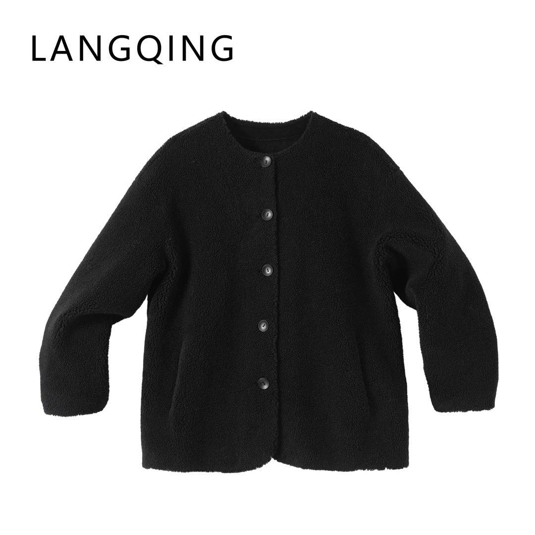 浪清/女装推荐 塞尔玛黑色圆领摇粒绒外套43315#