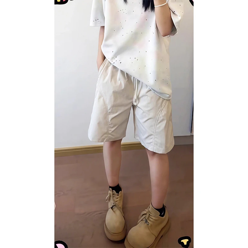 米白色运动短裤男外穿夏季薄款速干裤子美式斜切休闲宽松四五分裤