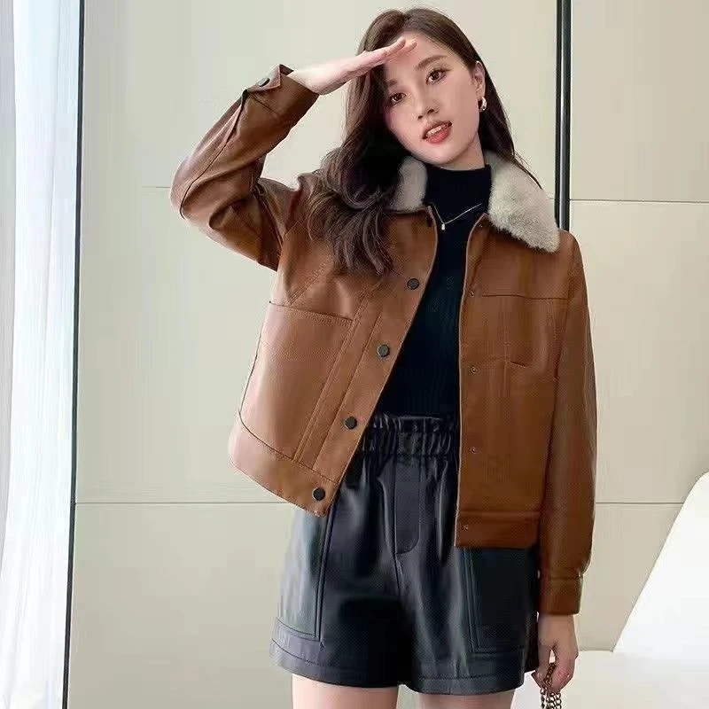 (阿芝专属)【加绒】皮衣新款休闲时尚钮扣款皮夹克皮衣女外套418