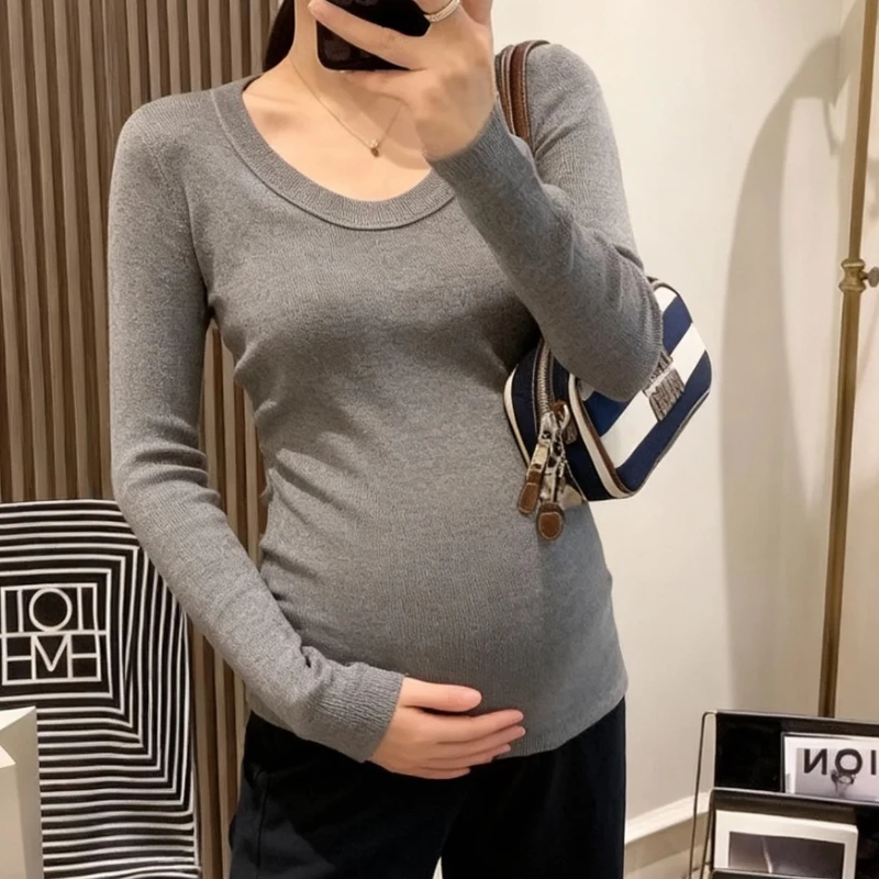 孕妇针织衫u领修身打底外穿毛衣2025秋冬新款小个子怀孕上衣