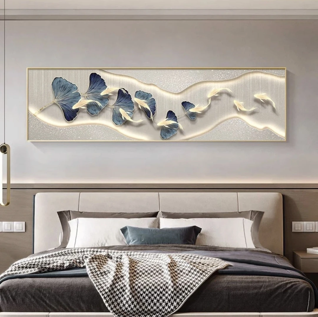 钢化玻璃 银杏叶九鱼现代轻奢横幅卧室装饰画主卧床头高档挂画