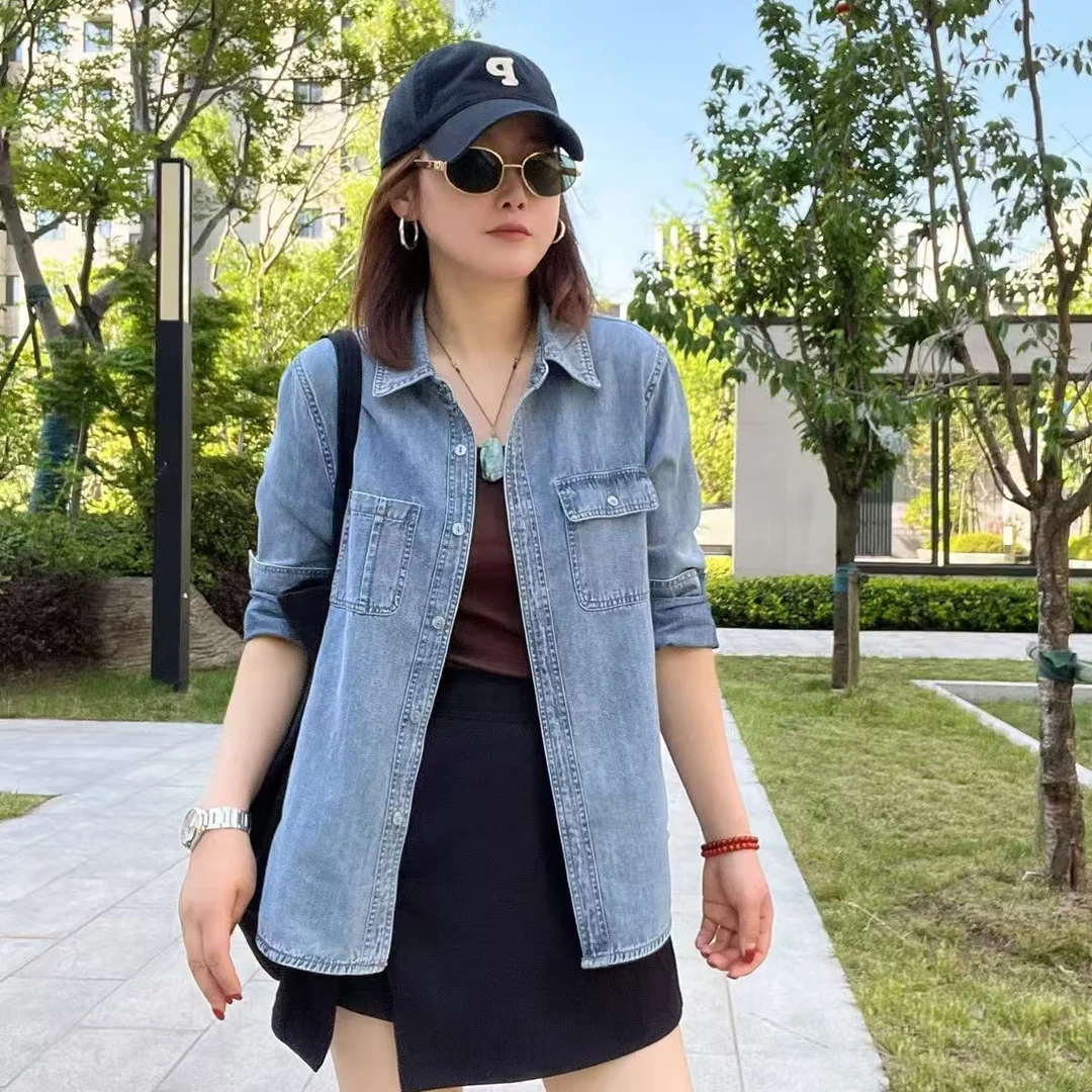【QQNZ】秋天丝亚麻外搭衬衫薄款遮肉显瘦长袖软牛仔独特漂亮小衫