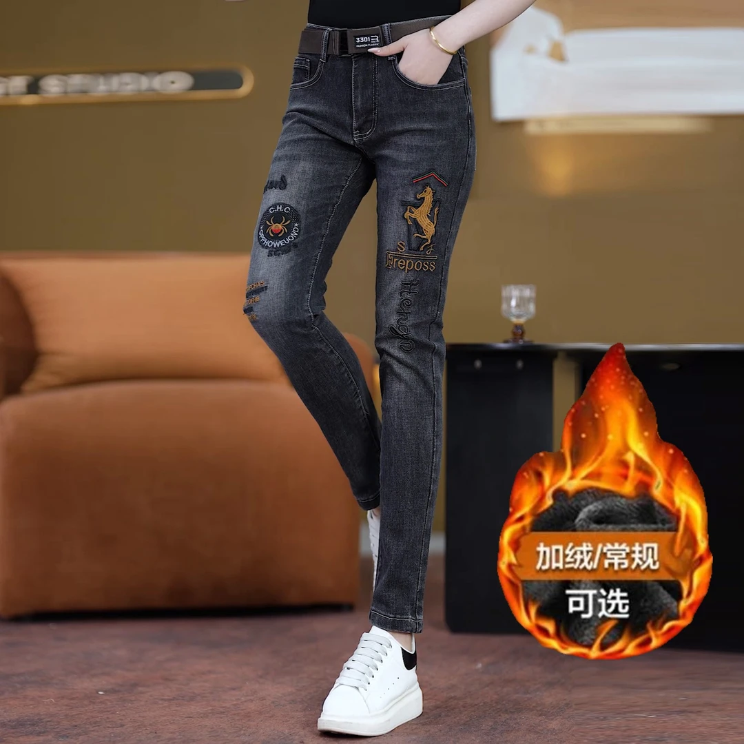 潮牌男士牛仔裤2025秋冬新款高端休闲时尚欧货刺绣弹力修身小脚裤