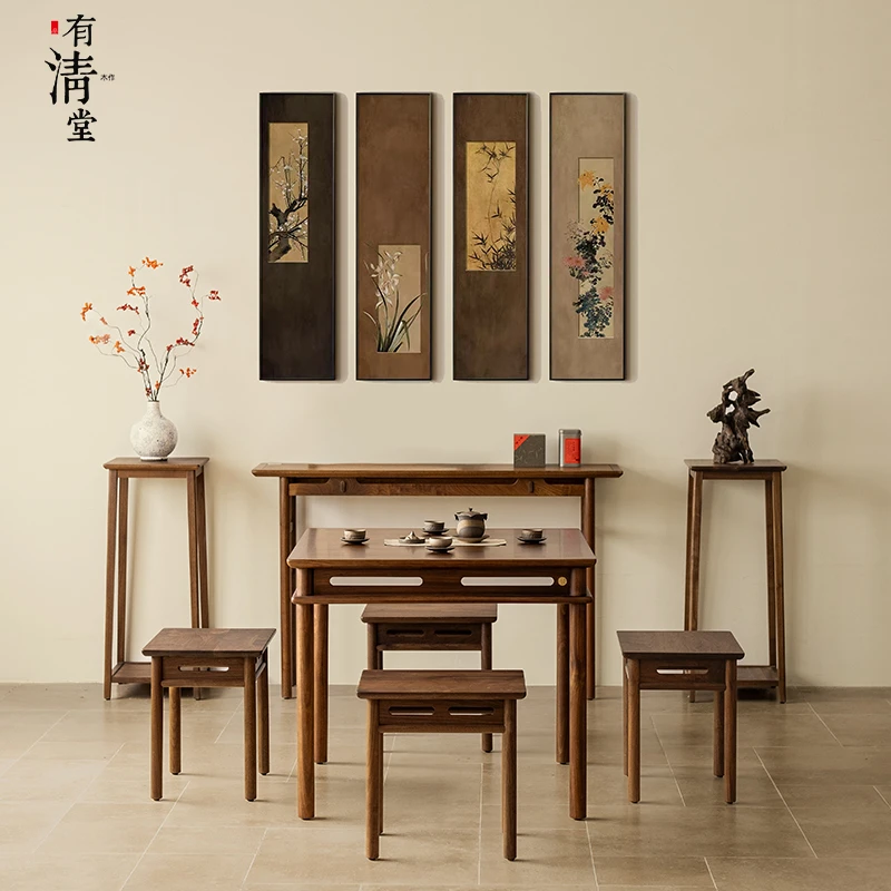 有清堂新中式实木方桌黑胡桃八仙桌家用餐桌简约书桌椅组合小户型