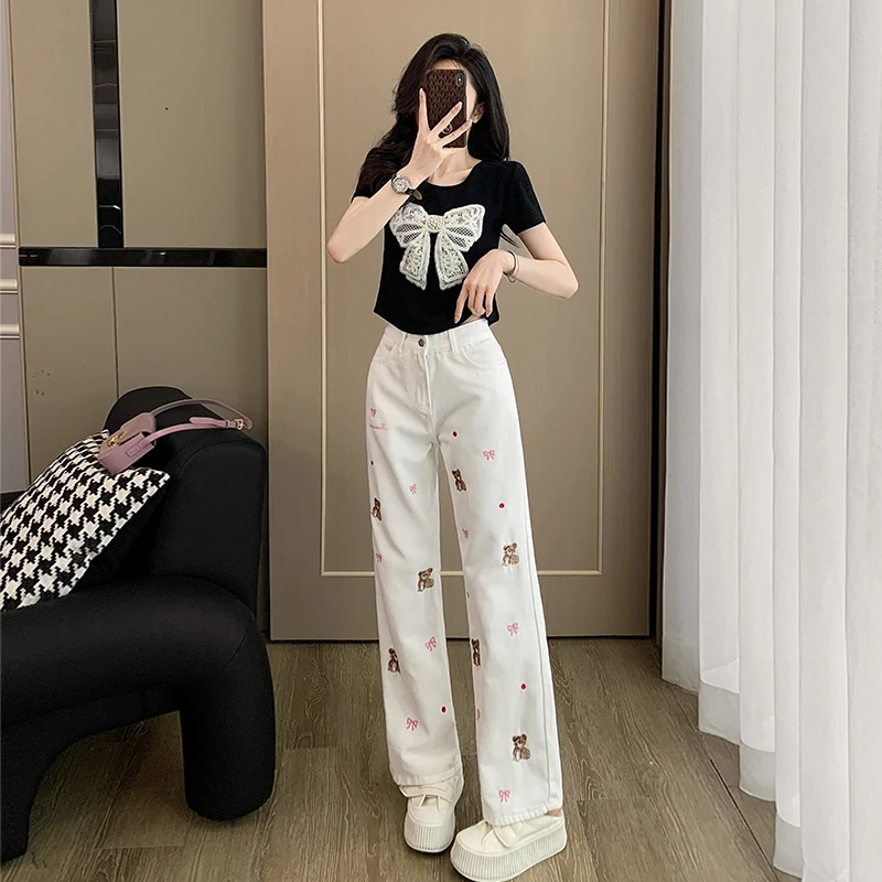 短款短袖t恤女夏季上衣小个子穿搭高腰白色牛仔裤直筒阔腿长裤子