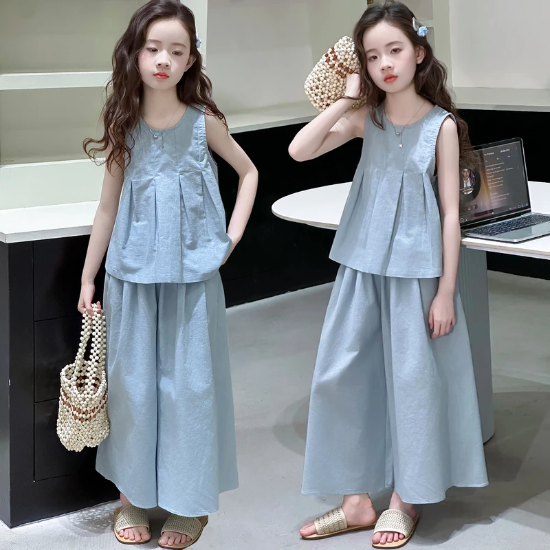 女童棉麻套装夏装2025新款时髦大童薄款无袖背心儿童夏季阔腿裙裤