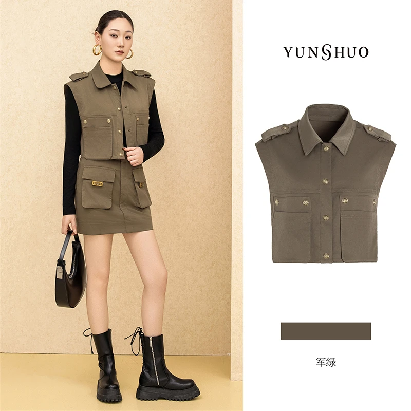 允硕春季新品时尚百搭气质休闲女无袖短款圆领马甲上衣外套625073