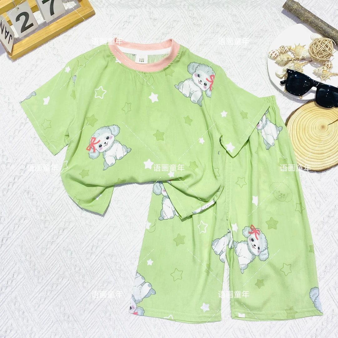 糖妈（A类绵绸）儿童短袖套装男女夏防蚊山东人造棉家居服外穿套