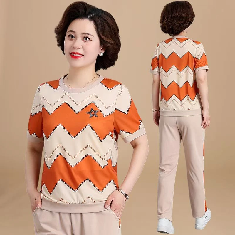 8762-中年妈妈夏季短袖套装中老年休闲运动一套（D仓西）