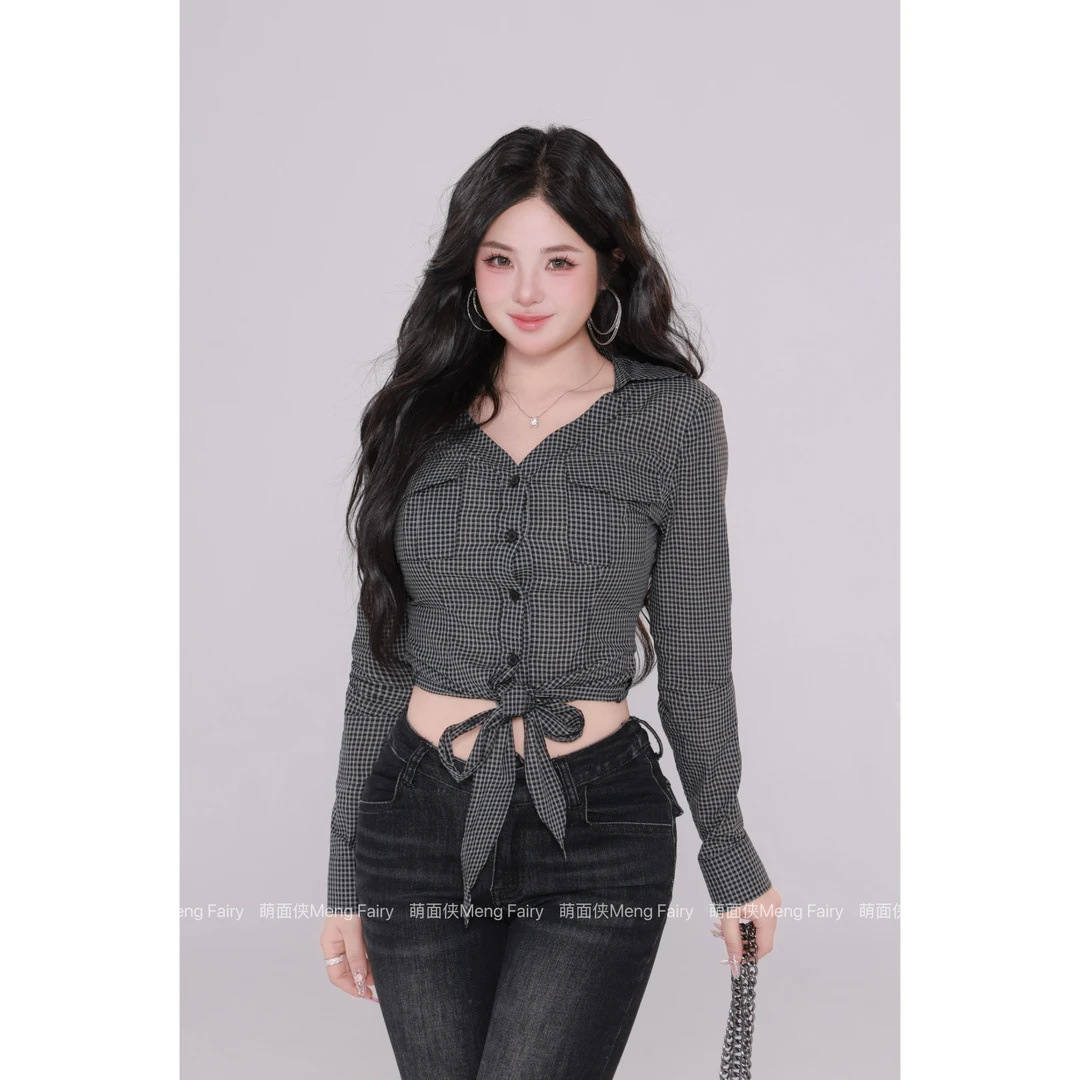 现货萌面侠【英伦艺术生】100棉设计感辣妹格子绑带衬衫5793M流光风
