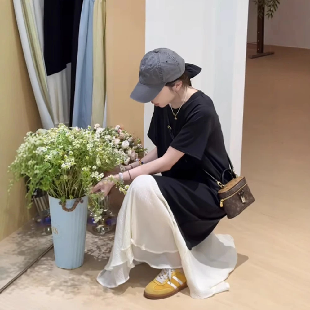 韩版不规则下摆拼接圆领短袖连衣裙女夏季新款宽松显瘦中长款裙子