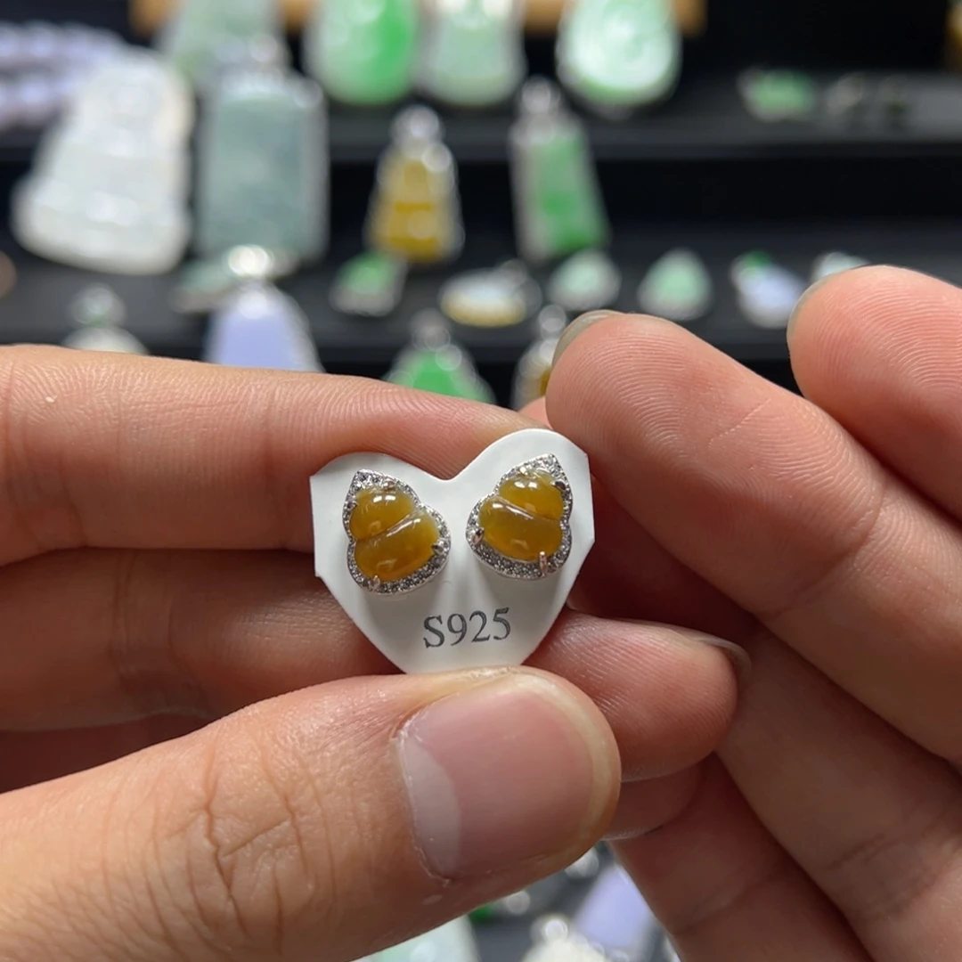 银S925镶嵌翡翠耳饰天然翡翠a货