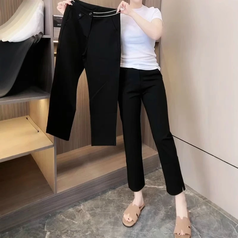 高腰大码女装百搭弹力修身直筒休闲裤女夏季新款显瘦九分烟管裤子