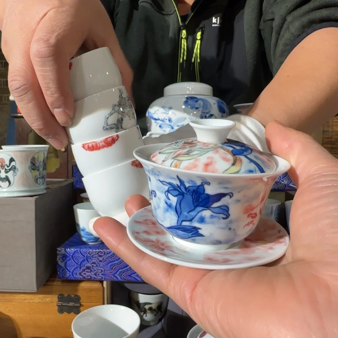 瓷手绘三才盖碗四杯一套