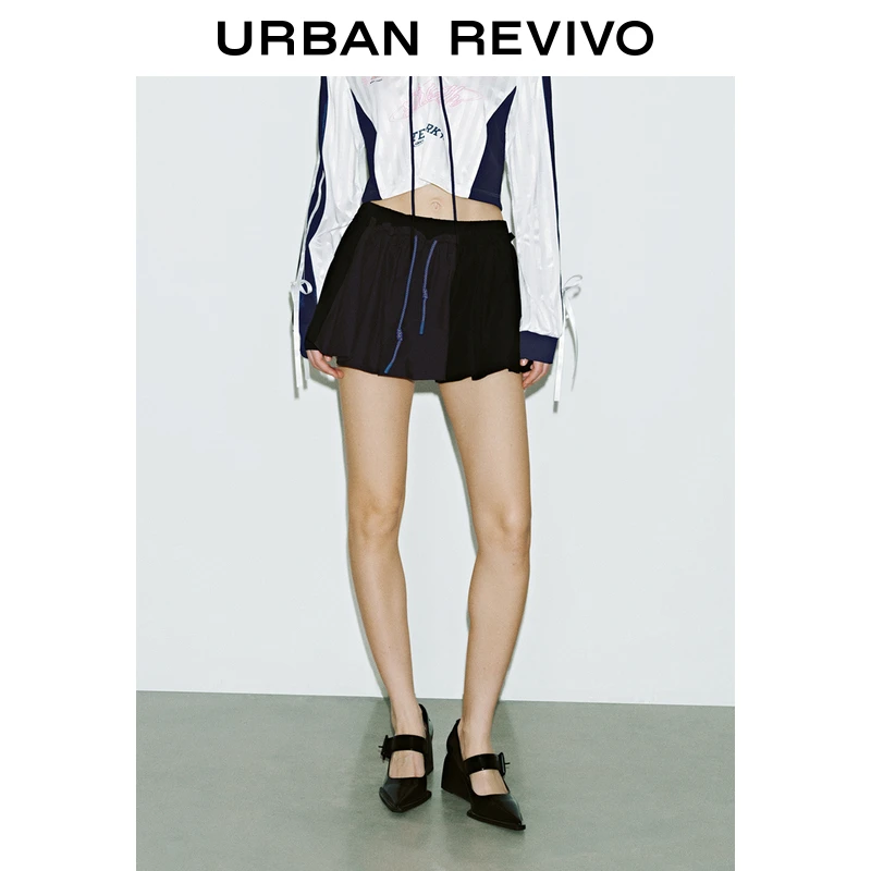 UR2025秋季新款女装撞色抽绳松紧腰超宽松高腰半裙UYV550012
