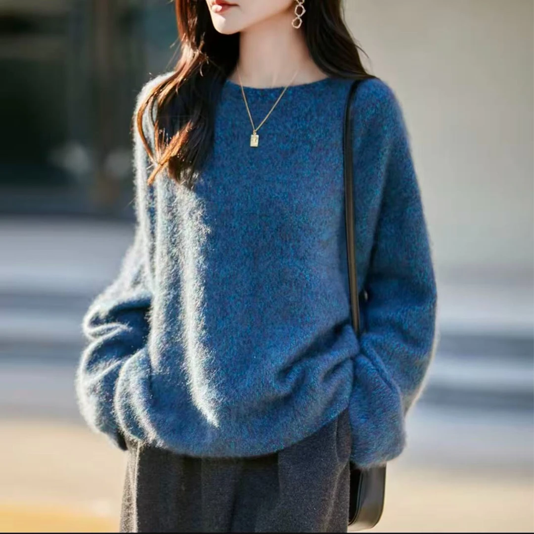 100%一线成衣羊绒羊毛圆领拉绒花纱加厚宽松毛衣