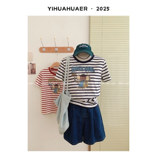 东大门韩国原单韩系夏款条纹撞色大象卡通印花减龄百搭T恤3177