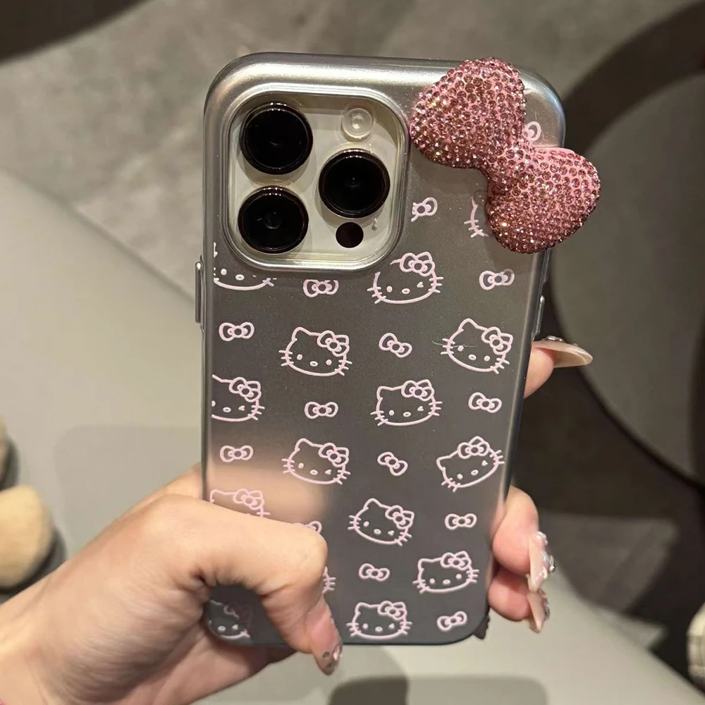 电镀银粉线条满屏kt猫适用iPhone16promax手机壳少女15可爱小清新