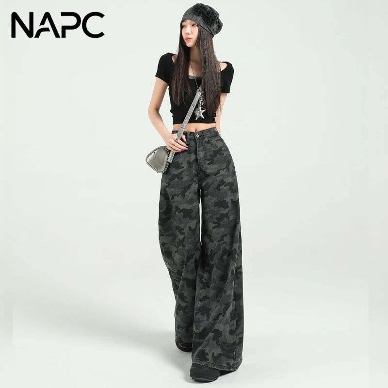 NAPC美式迷彩复古阔腿女百搭灰色夏季宽松显瘦工装拖地牛仔裤子