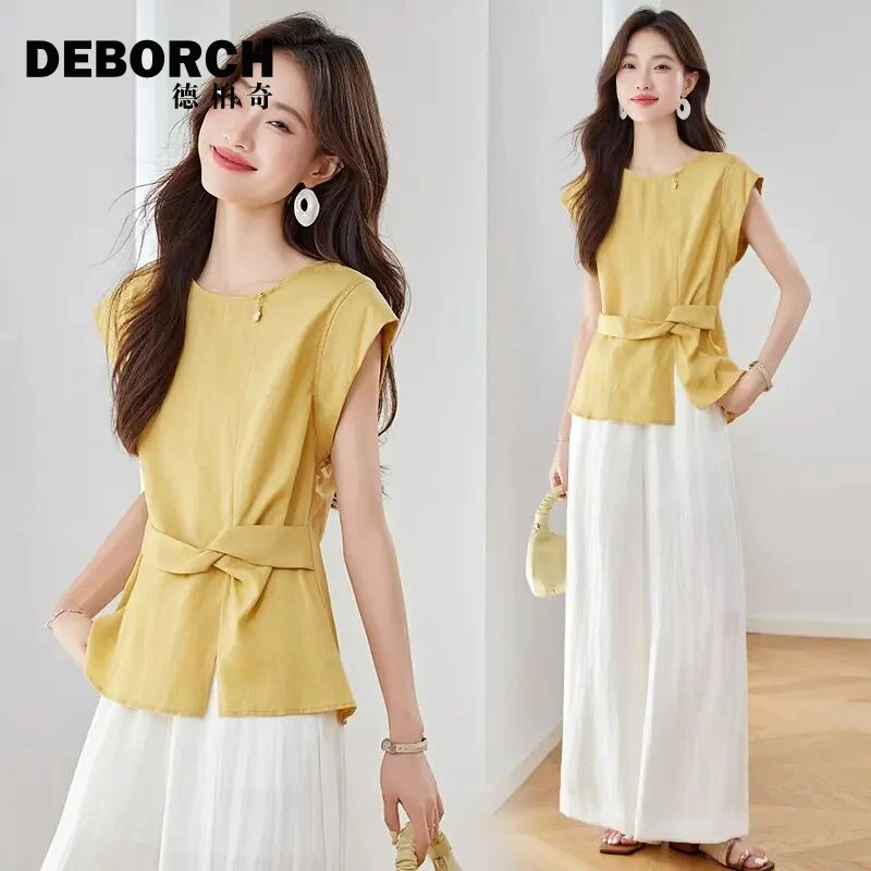 亚麻法式无袖休闲套装女2025夏季松弛感气质通勤显瘦阔腿裤两件套