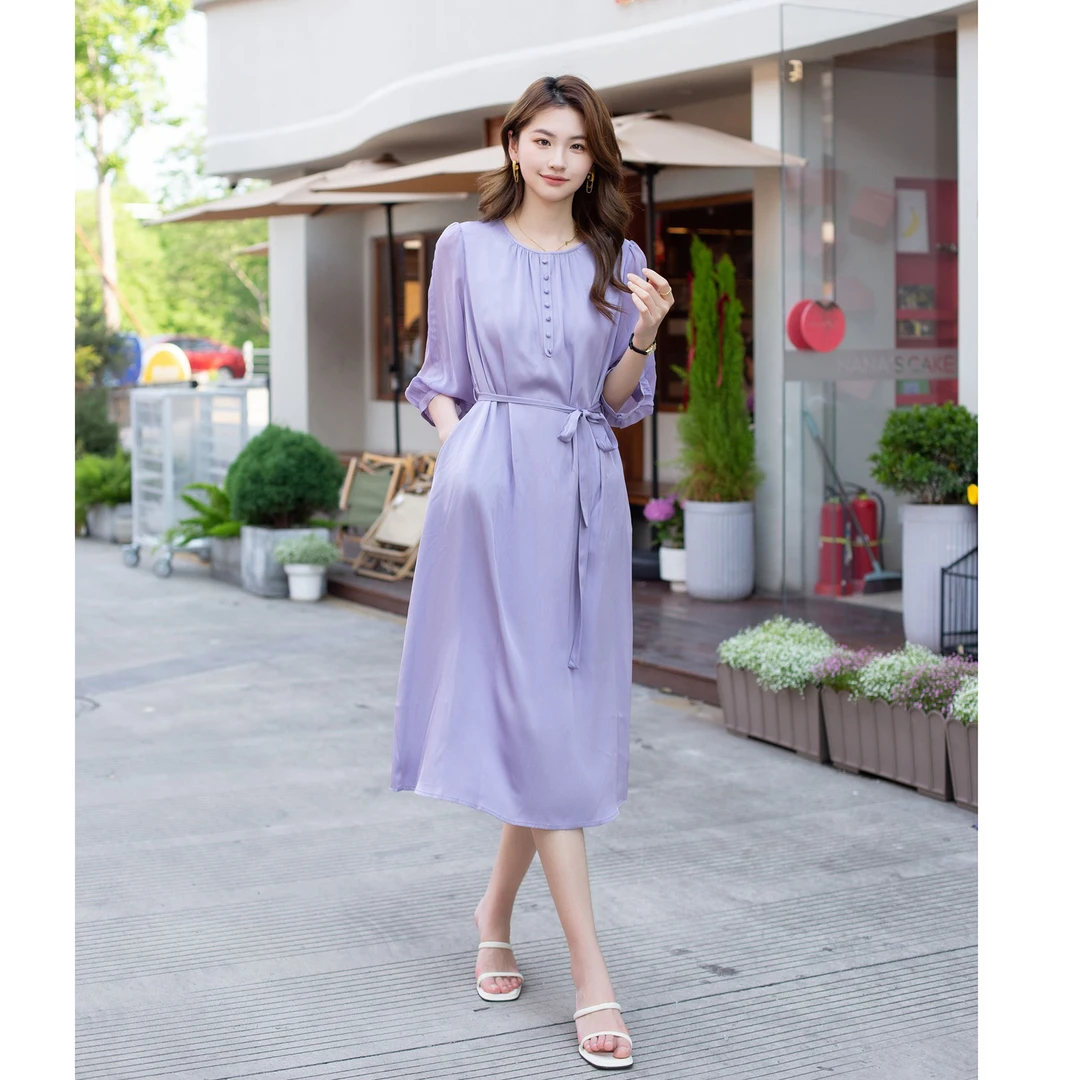 夏季新款轻奢优雅桑蚕丝连衣裙-61611-带纽扣----琳琳链接