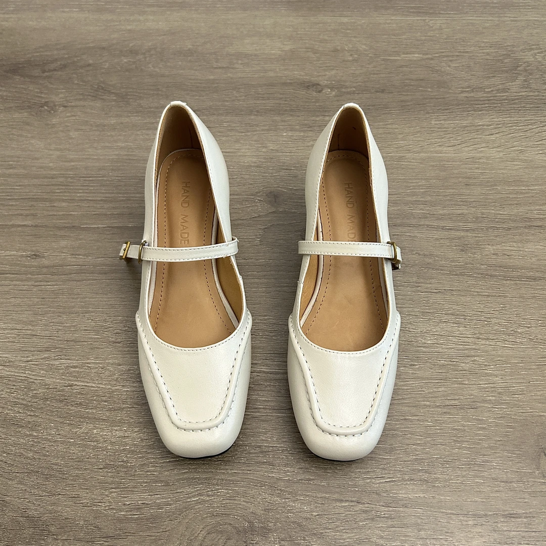 Dannyfrey法式小香风真皮玛丽珍女方头浅口一字扣粗跟复古单鞋