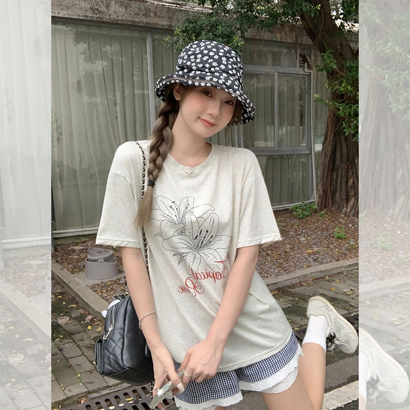 夏季款日系印花百搭小众短袖圆领T恤女ins宽松休闲小上衣