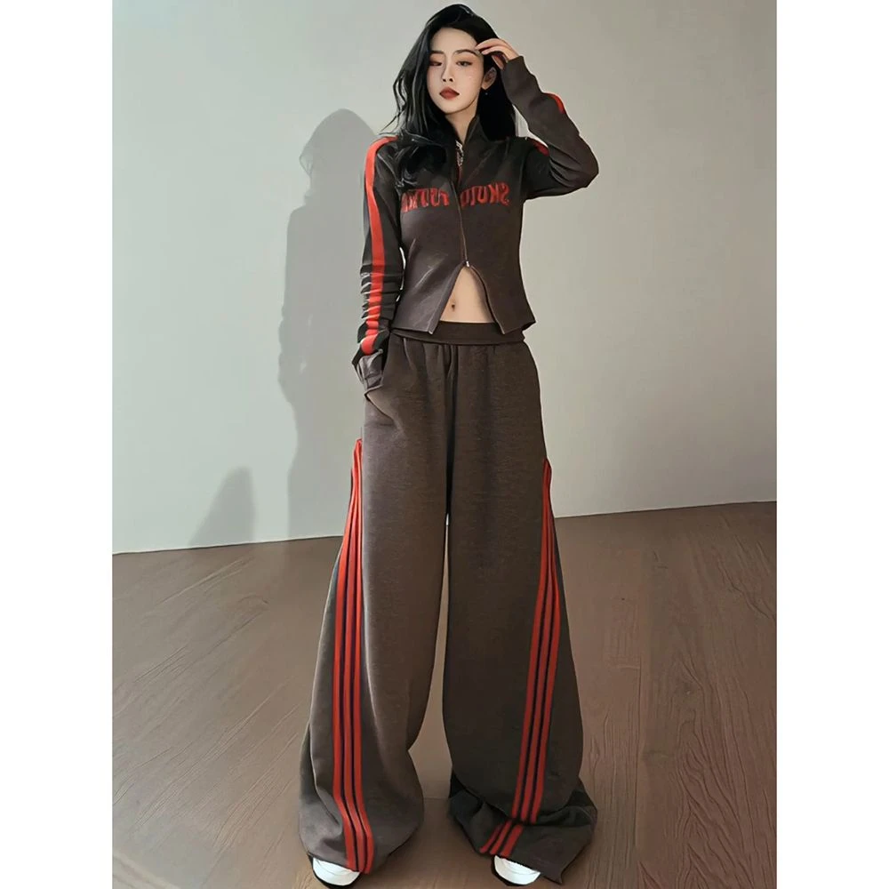 褐色双头拉链印花上衣阔腿裤两件套女2025春季韩系氛围感穿搭套装