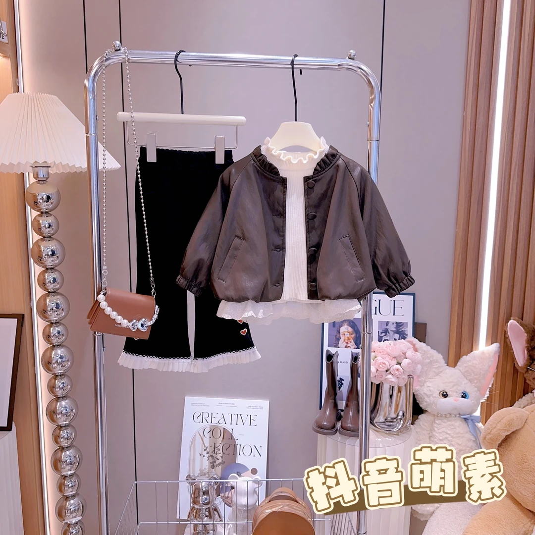 2025女童秋装新款儿童韩系皮衣外套女童蕾丝花边宝宝洋气秋冬外套