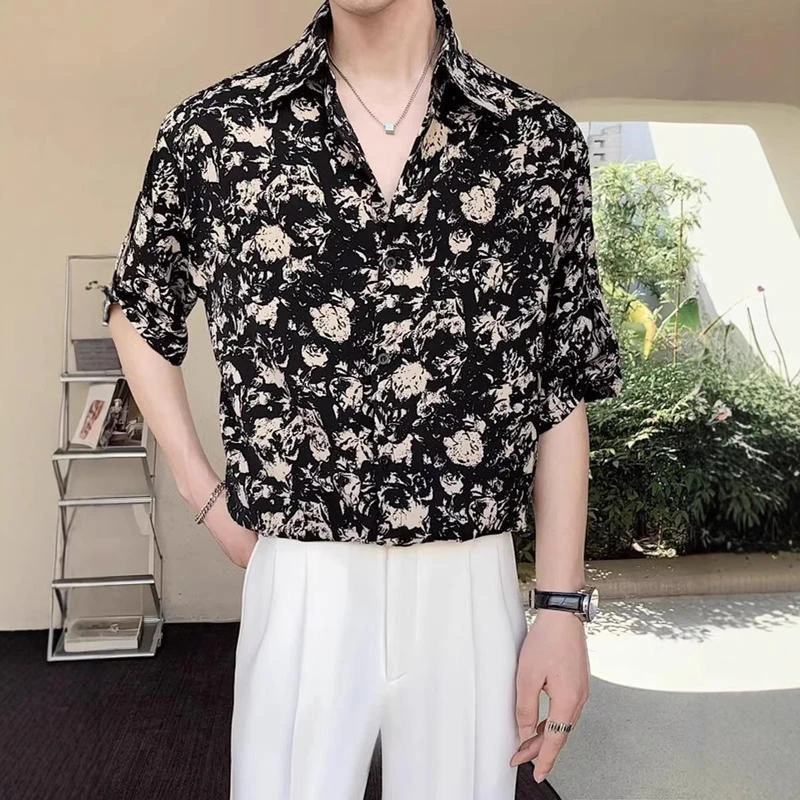 夏季2025新款冰丝衬衣男短袖宽松慵懒风痞帅免烫男士花衬衫韩版潮