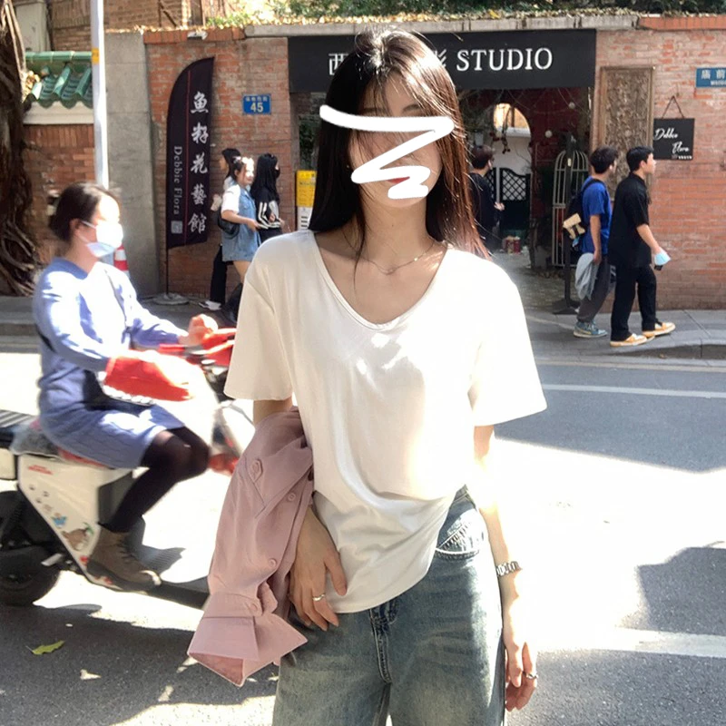 2025新款白色正肩短袖t恤女夏季宽松慵懒风别致打底休闲百搭上衣