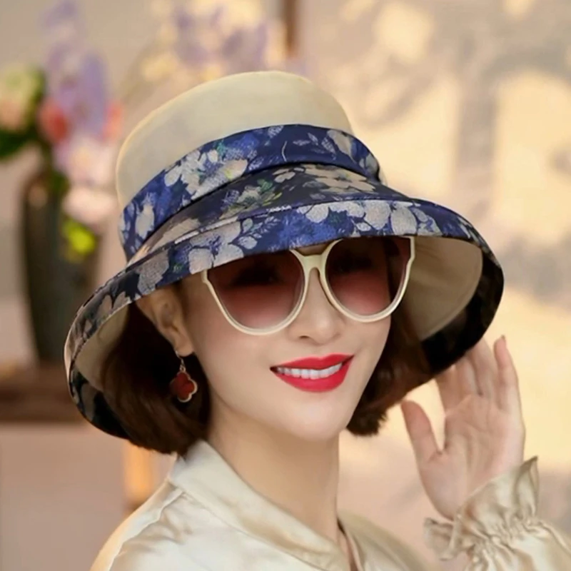 真丝桑蚕丝拼色渔夫帽遮阳帽百搭女士女款户外防晒帽太阳帽0724