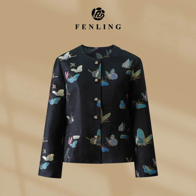 芬领-晴春蝶戏图-非遗桑蚕丝宋锦螺钿织金提花幻彩六重纬长袖外套