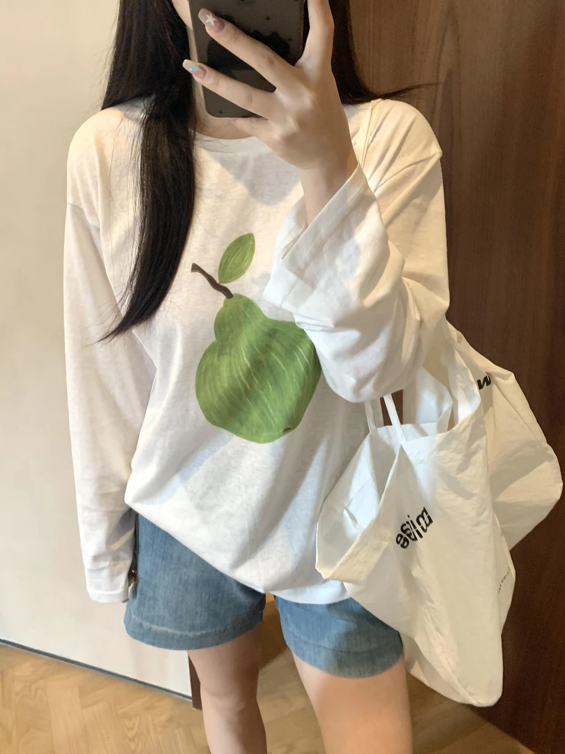 雪花棉趣味印花薄款上衣女夏季宽松显瘦透气长袖T恤百搭防晒罩衫