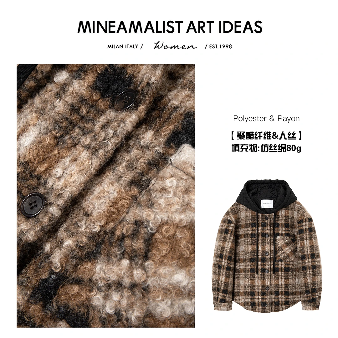 MINEAMALIST ART IDEAS复古米咖格纹毛呢连帽保暖外套ZY1630