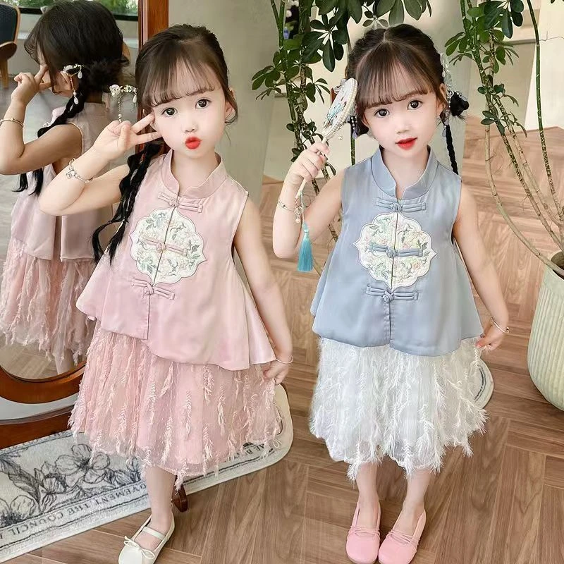 纯色单排扣夏装女古风常规套装女宝中国风公主风女孩夏季