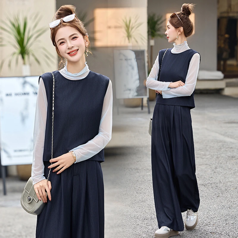 休闲时尚搭配一整套套装女2025春季新款洋气减龄马甲阔腿裤三件套