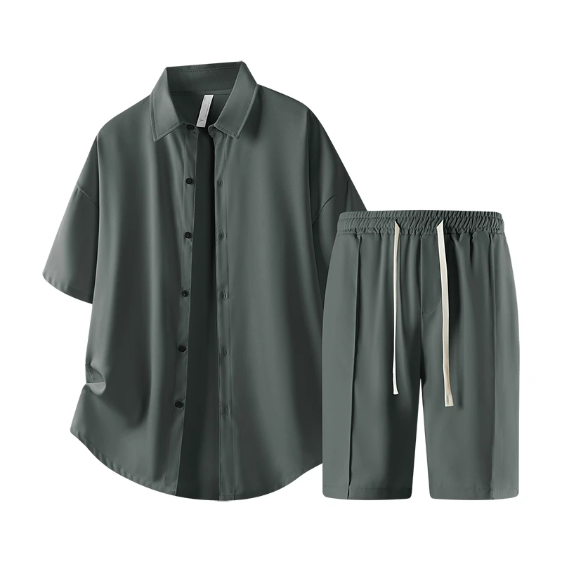 清凉透气夏日短袖衬衫套装男2025夏季时尚宽松休闲衬衣两件套