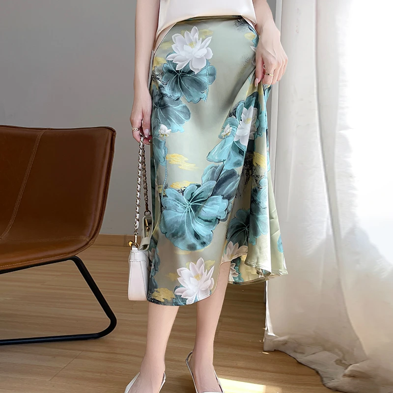系扣常规高腰桑蚕印花缎面醋酸半身裙优雅复古夏季修身印花中国风