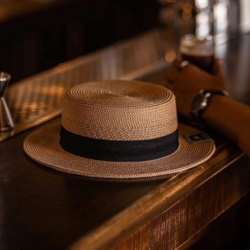 古叔的着 巴拿马草帽男秋季新款防晒船夫帽休闲复古平顶草编帽