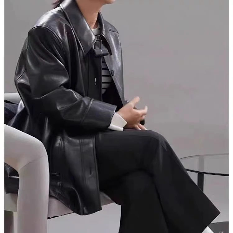 【贾玲同款】 慵懒风绵羊皮衬衫型时尚皮衣外套【595406】