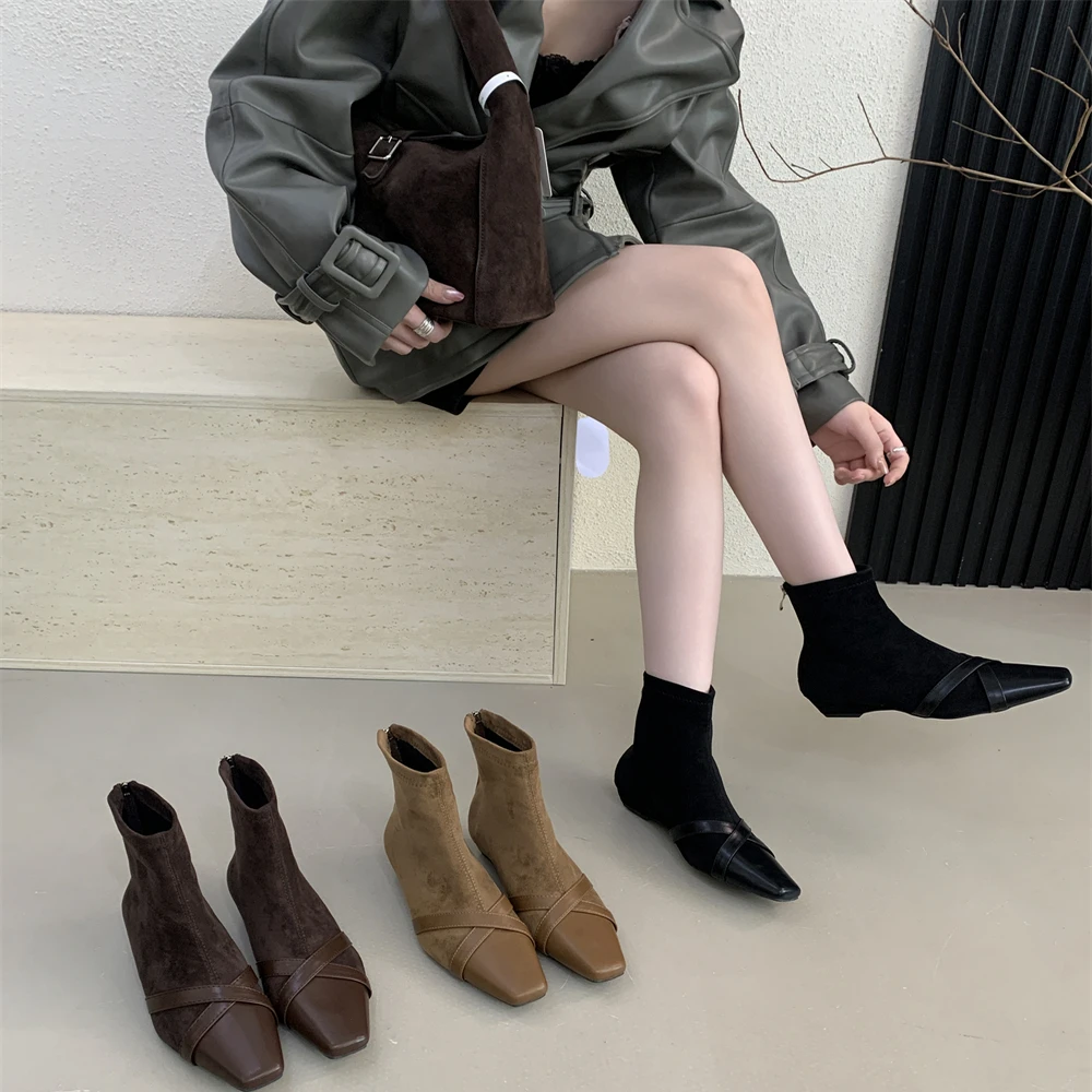法式短靴女2025秋季新款绒面拼接低跟后拉链马丁靴方头绝美裸靴