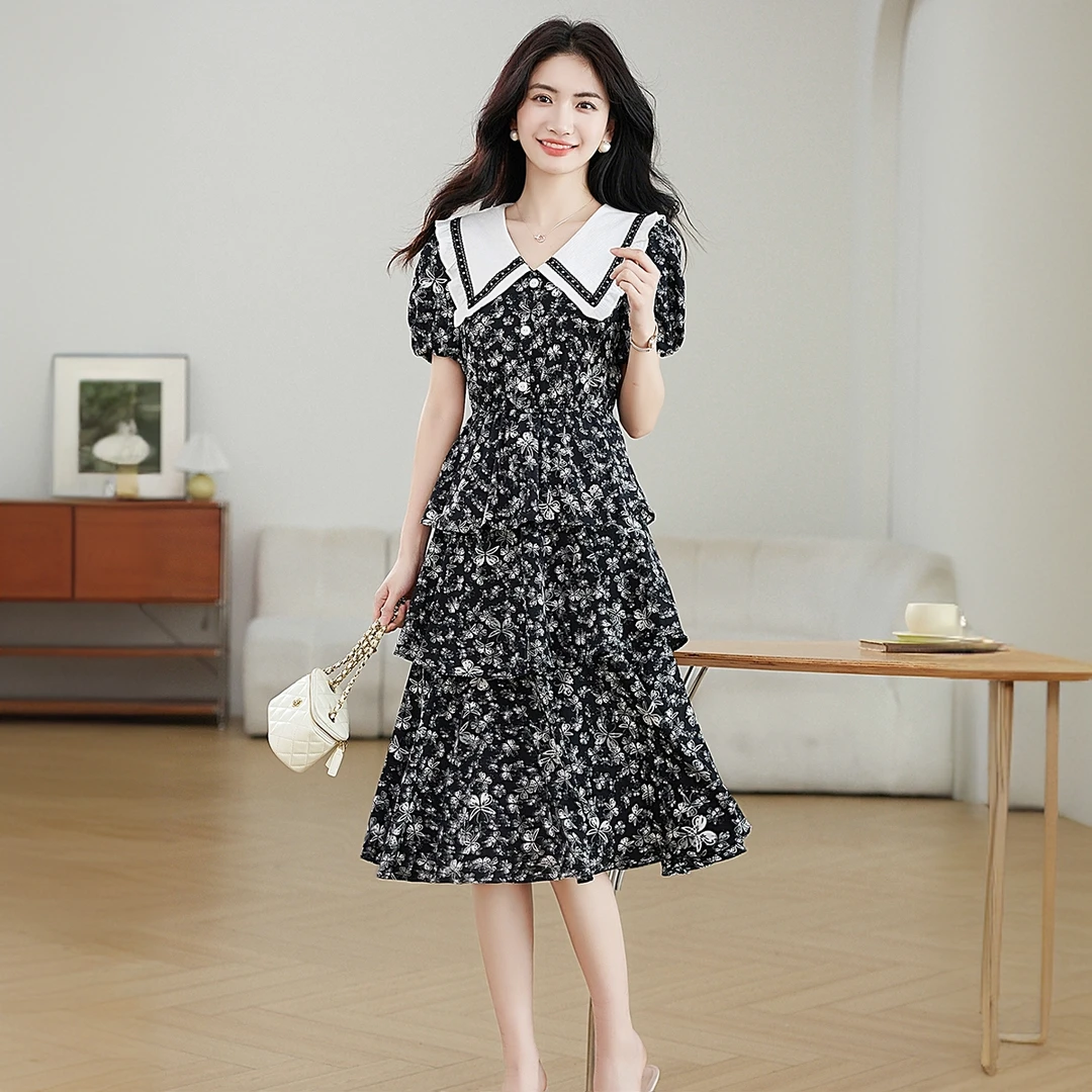 娃娃领碎花连衣裙女夏季新款法式蛋糕裙雪纺小黑裙温柔大方显瘦